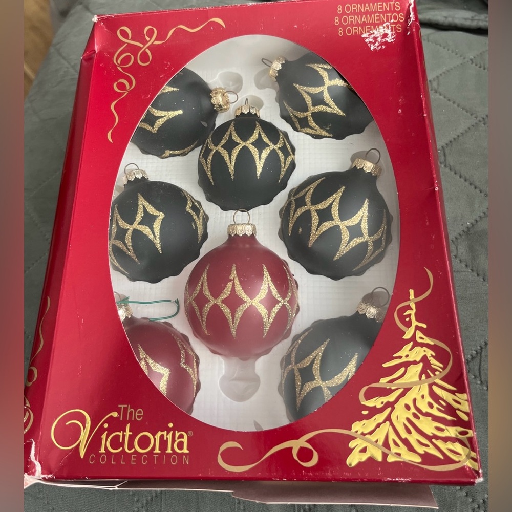 Victoria Collection Christmas Ornaments Trimmed in Gold Boxed  Black & Red